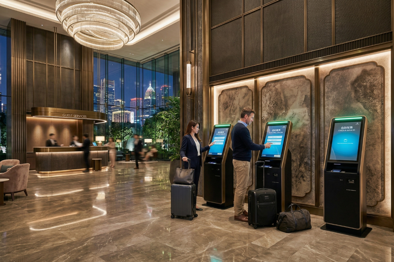 Elegant self-service kiosks streamline the hotel check-in experience and reduce arrival queues.